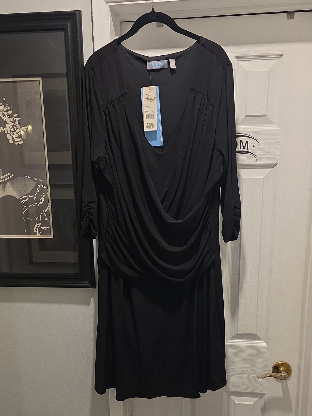 Draped Black Long-Sleeve V-Neck Dress